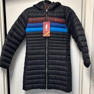 Cotopaxi Black Puffer Coat with Blue and Brown Accents